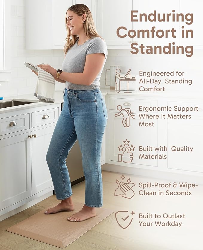 Ophanie Kitchen Mats for Floor, 3/4 Inch Thick Kitchen Rugs, Anti Fatigue Standing Cushioned Mat, Waterproof,Comfort Ergonomic Mat for Office, Home, Sink, 20''x39'' Beige Non-Slip Bottom