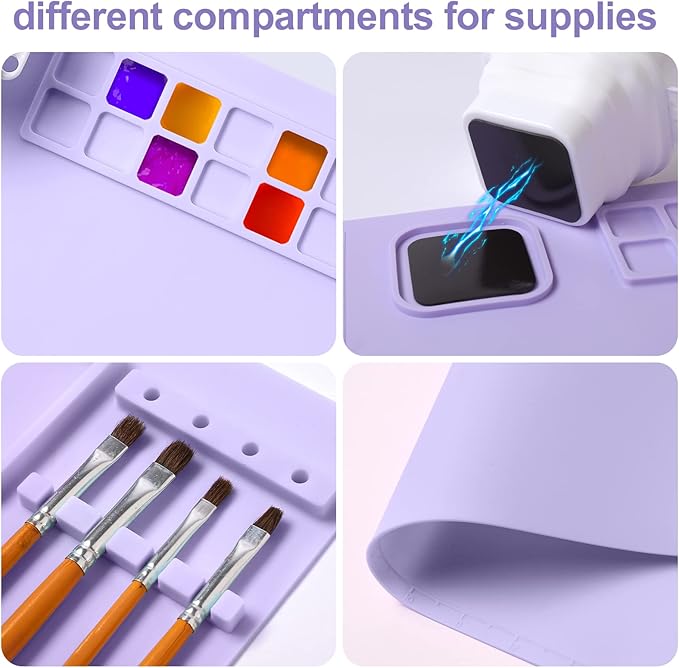 AWOKE Silicone Painting Mat - 20"X16" Silicone Art Mat with 1 Water Cup for Kids - Craft Mat has12 Color Dividers - 2 Paint Dividers (Purple)