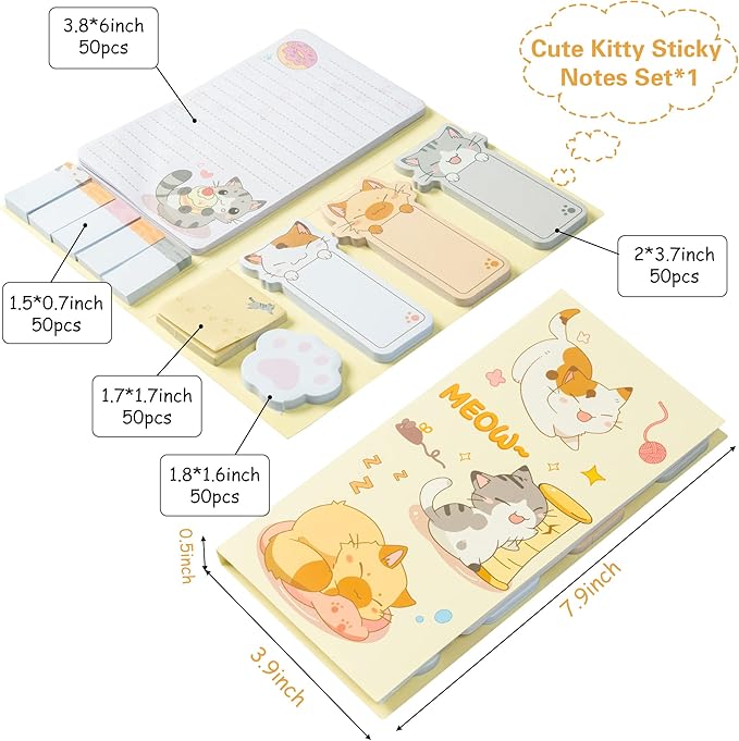 Xqumoi Cute Cartoon Cat Sticky Notes Set, 550 Sheets, Lovely Cat and Paw Shaped Self-Stick Notes Pads Kitty Animal Divider Tabs Bundle Writing Memo Pads Back to School Office Supplies Small Gift