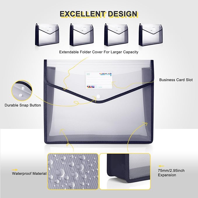 Plastic File Folders, Waterproof Transparent Expandable File Organiser, Portable Large Capacity A4B4 File Wallet for Office/Business/School (5 Pack)