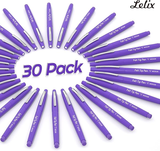 Lelix Felt Tip Pens, 30 Purple Pack, 0.7mm Medium Point, Felt Tip Markers Pens for Journaling, Writing, Note Taking, Planner, Perfect for School Office and Art Supplies