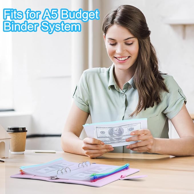 Antner 50PCS A5 Binder Pockets 6-Hole Cash Stuffing Envelopes for Money Saving, 10 Assorted Color Zipper Pouch Folders Budget Planner Inserts Loose Leaf Money Organizer Bags for A5 6-Ring Binder