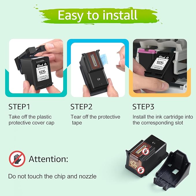 GREENCYCLE 62XL Black Ink Cartridge Replacement for HP 62 XL C2P05AN Remanufactured Cartridges Compatible for Envy 5540 5640 5660 7644 7645 OfficeJet 5740 8040 OfficeJet 200 250 Series Printer, 2 Pack