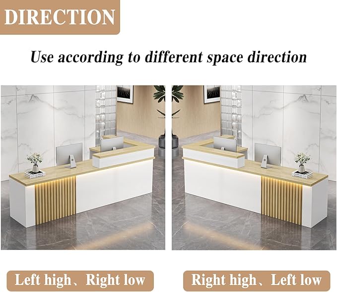 L-Shaped Receptionist Desk，Office Front Desk Reception Counter with Hidden Lighting & Storage Drawer Commercial Checkout Counter Sturdy for Salon Clinic Clothing Store