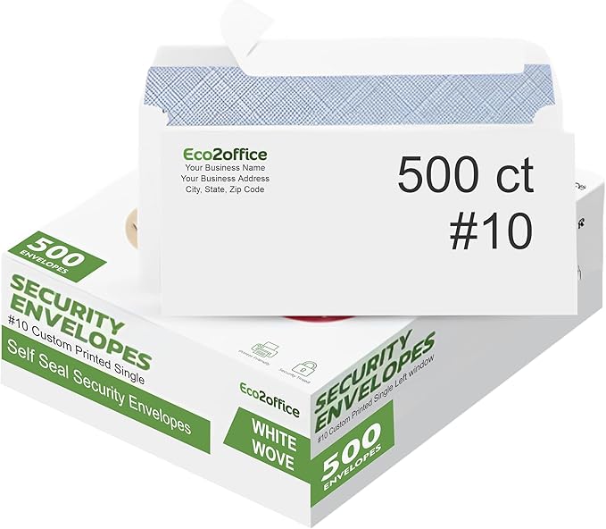 500 Custom #10 Envelopes with Logo - Personalized #10 Self-Seal - Printed Envelopes with Return Address - Custom Printed Security Envelope - Ideal for Business Mailings - White, 500 Count