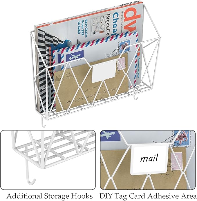 YBING Wall File Organizer White 6 Pack Mesh Hanging File Holder Organizer Metal Wire Mail Organizer Wall Mounted Office Papers Holder Hanging File Folders With Hooks