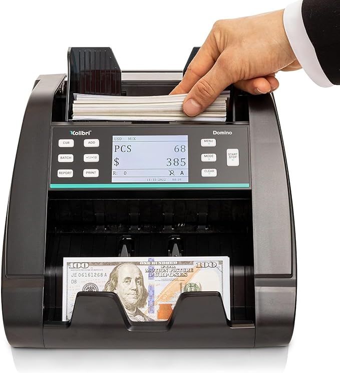 KOLIBRI Domino Money Counter Machine Mixed Denomination | Mixed Value Cash Counter Machine | 2 CIS UV/MG IR/MT SN/DV IRT Fake Detections Money Counting Machine | 3-Year Warranty (US Tech Support)