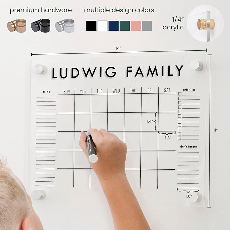 Personalized Clear Acrylic Calendar for Wall, Calendar Whiteboard for Wall, Dry Erase Wall Calendar, Wall Calendar Organizer System for Home (Block, Jade, 14"W x 11"H)