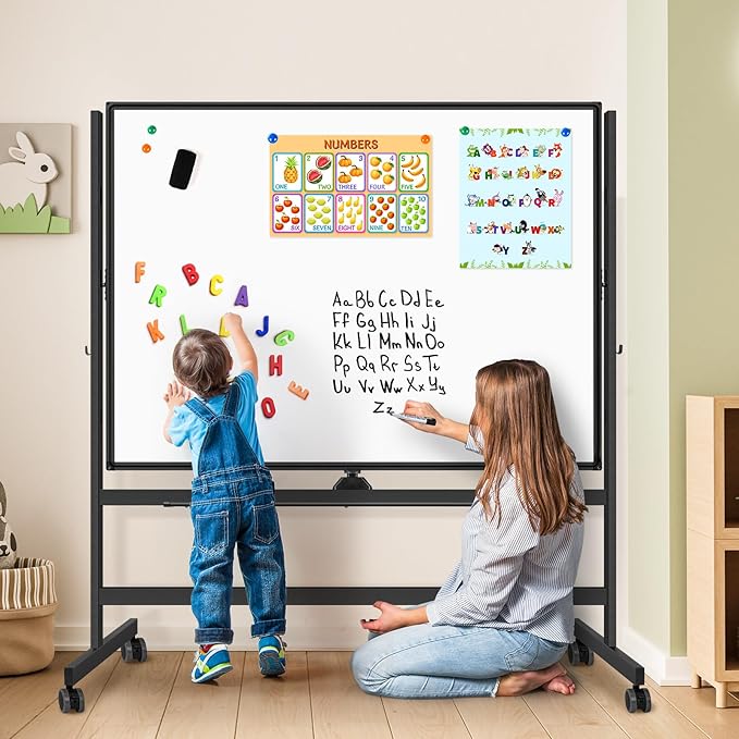 Large Rolling White Board, 48x36 in Double-Sided Mobile Whiteboard, maxtek Reversible Magnetic Dry Erase Board Easel Standing Whiteboard on Wheels School Supplies for Classroom Office and Home, Black
