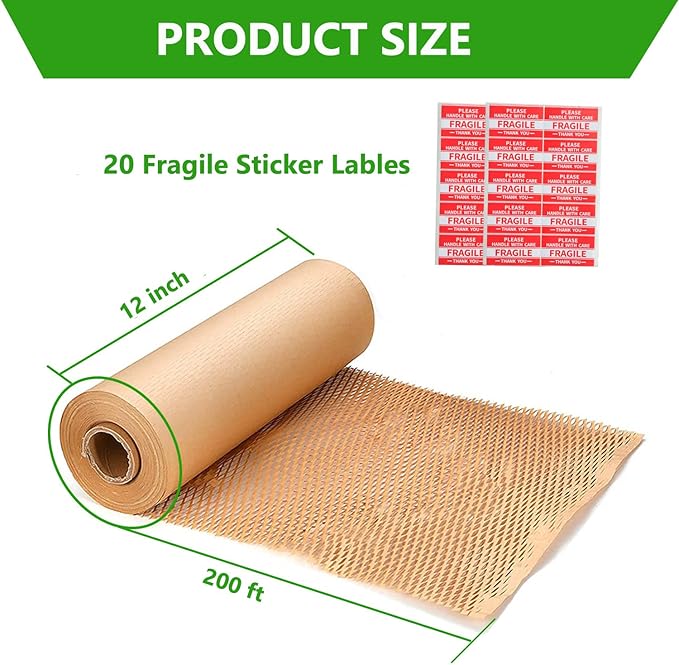 Honeycomb Packing Paper Wrap 12"x200' Recycled Bubble Cushioning Wrap Roll Eco Friendly Shipping Boxes Moving Wrap Packing Supplies Material with 20 Fragile Sticker Labels
