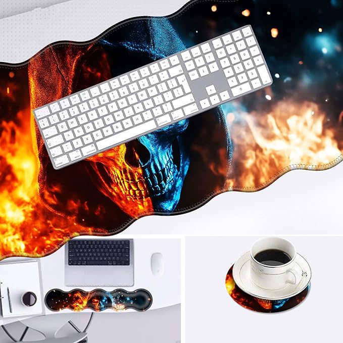 Large Mouse Pad and Keyboard Wrist Rest, Desk Pad for Keyboard and Mouse, 4-in-1 Large Gaming Mouse Pad with Wrist Support, Desk Mat for Home Office Study Game-Flaming Skull