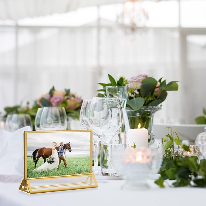 Acrylic Sign Holders Golden Border 8 Pack 6x4 Wedding Table Number Frames Double Sided Table Menu Stands with Horizontal Stand, Photos and Art Display