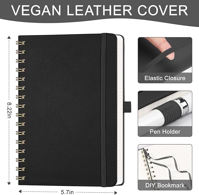 AHGXG Graph Paper Notebook - Spiral Notebook Hardcover Leather Journal 140 Pages, A5 Grid Paper Notebook 5.7" x 8.3", 100 gsm Thick Paper, for School Writing Graphing Engineering, Black