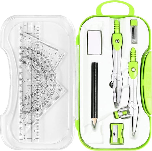 Math Geometry Kit Sets 10 Piece Student Supplies with Shatterproof Storage Box,Includes Rulers,Protractor,Compass,Eraser,Pencil Sharpener,Lead Refills,Pencil,for Drafting and Drawings（Green）