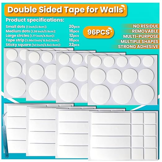 Birllaid Double Sided Tape for Walls, Picture Hanging Strips Removable Mounting Dots Adhesive Heavy Duty, Removable for Art Craft, Decoration, Party Supplies, Multipurpose