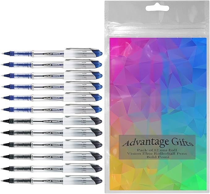 Vision Elite Rollerball Pens, Bold Point (0.8mm), Black/Blue Ink, 12 count, Bundle with Plastic Reusable Pouch