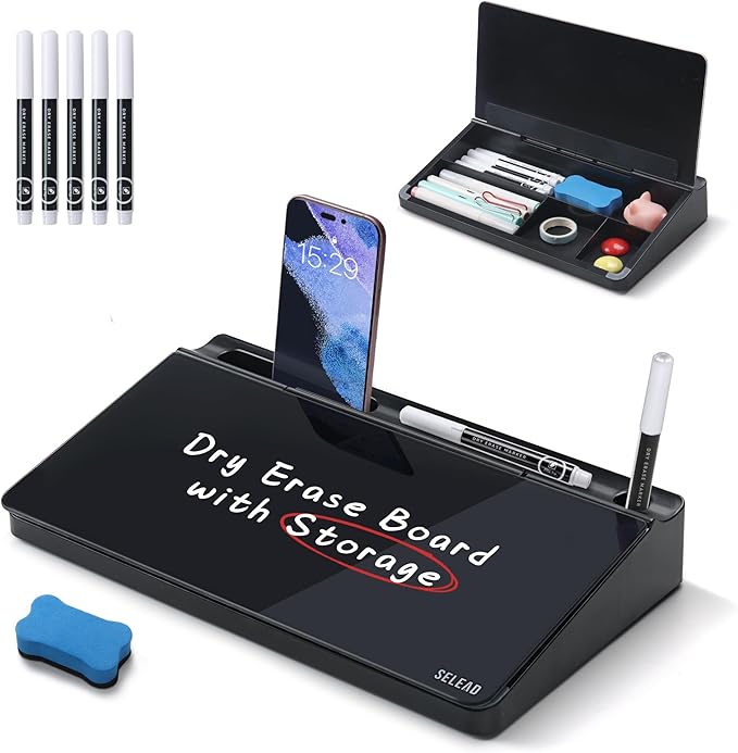 SELEAD Desktop Glass Whiteboard with Storage, Small Dry Erase White Board Computer Pad Keyboard Stand for Home, School, Office Desk Accessories - Black
