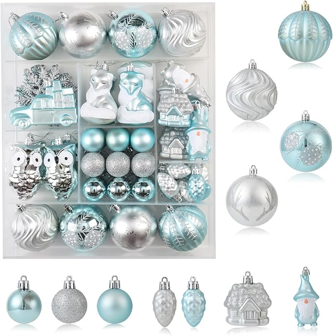 Blue and Silver Christmas Ornaments Set, 75PCS Shatterproof Christmas Decorations, Assorted Xmas Tree Hanging Ornaments for Christmas Tree, Holiday, Party Decor (Blue & Silver)