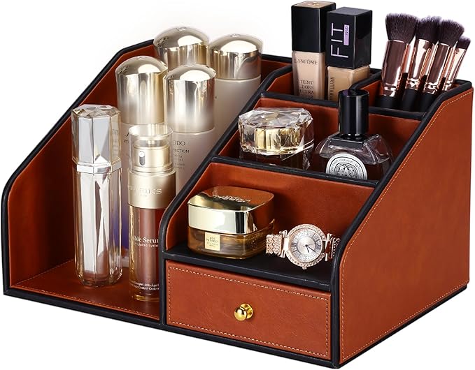 KINGFOM PU Leather Desk Organizer, Multifunction 6 Compartment Desk Organizers and Accessories for Office Supplies, Pen Pencil Holder/Book Mail Organizer Holder for Desk with Drawer (Brown)
