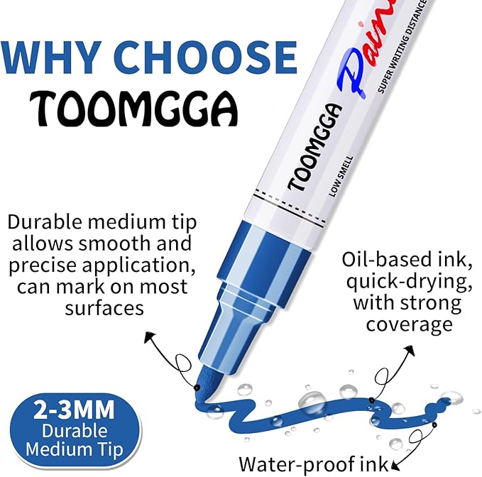 Permanent Paint Pens Blue Paint Markers 6 Pack Oil Based Markers, Quick Drying and Waterproof Marker Pen, Car Tire, Metal, Rock Painting, Wood, Plastic, Canvas, Craft Supplies for Adults