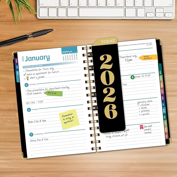 HARDCOVER 2026 Planner, 5.5"x8": 14 Months (November 2025 - December 2026), Daily Weekly Monthly Planner, Yearly Agenda, Bookmark, Pocket Folder and Sticky Note Set (Black Gold Numbers)