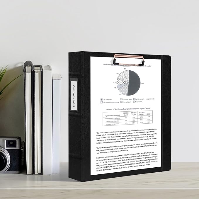 Ospelelf 3 Ring Binder with Clipboard 2 Inch Leather Binder for Letter Size (8.5" x 11"), Clipboard Binder with 5 Tab Dividers Back to School Supply, Black