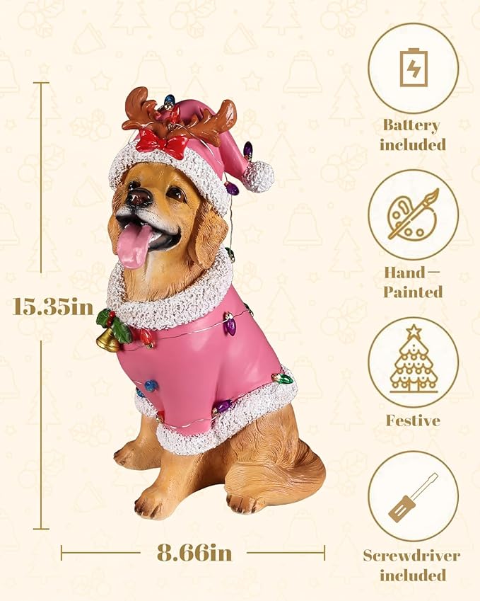 Christmas Outdoor Decoration Dog Statue, LED Light Cute Golden Retriever Dog Sculpture with Pink Santa Outfit & Lights for Garden and Yard, Indoor Holiday Décor Gift for mom and dad