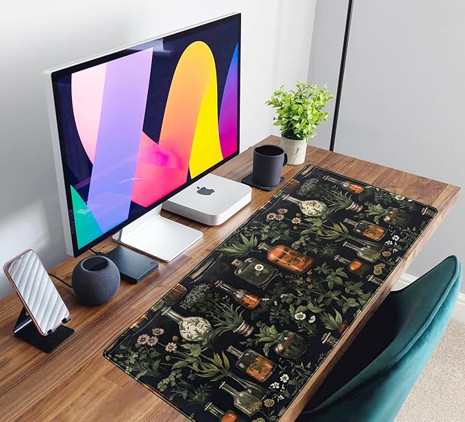 Black Aesthetics Desk Mat Mouse Pad Large Gaming Mouse Pad Desk Pad Mousepad, Mystical Green Plant Computer Laptop Keyboard and Mouse Mat, Desktop Protector Mat for Women Girl Office 31.5x15.8 in