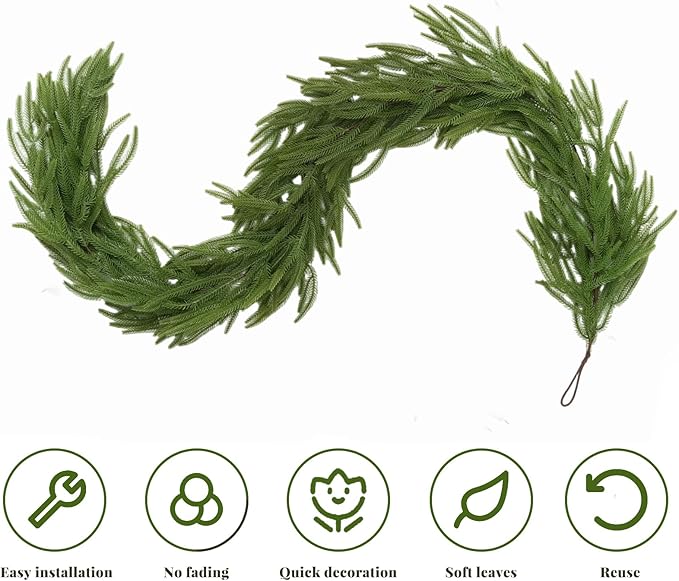 1 Pcs 6FT Christmas Garland, Christmas Decorations, Artificial Norfolk Pine Garland, Faux Greenery Garland for Mantle Fireplace Table Door Wall Upstairs Indoor Outdoor Holiday Xmas Decor