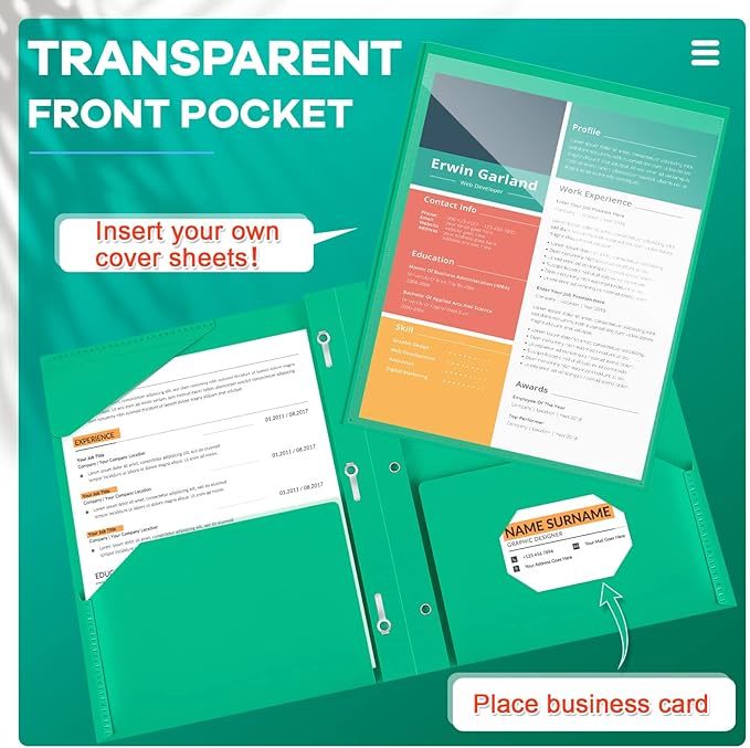 Henoyso 18 Pcs Plastic Folder with Clear Front Pocket and 3 Prong Plastic Folders with Card Slot Pocket Folders with Prongs for School Office (Green)