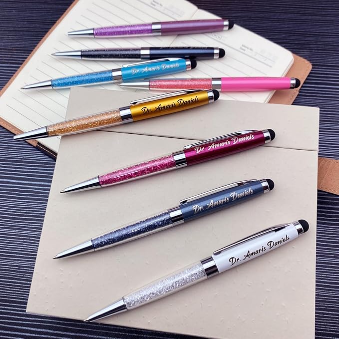 Ancolo Custom Personal Pens with Stylus Tip - Beautiful Smooth Writing Set Black ink refill - Engraved with Your Name or Message Gift for Women/Lady/Girl/Teacher/Manager/10 Pens/Box (Rose red)