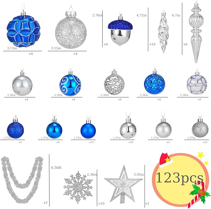 123pcs Christmas Ball Ornaments Set, Shatterproof Plastic Balls for Classic Xmas Decorations, Hanging Ornaments for Christmas Tree, Holiday, Bridal, Home Party, Blue and Silver