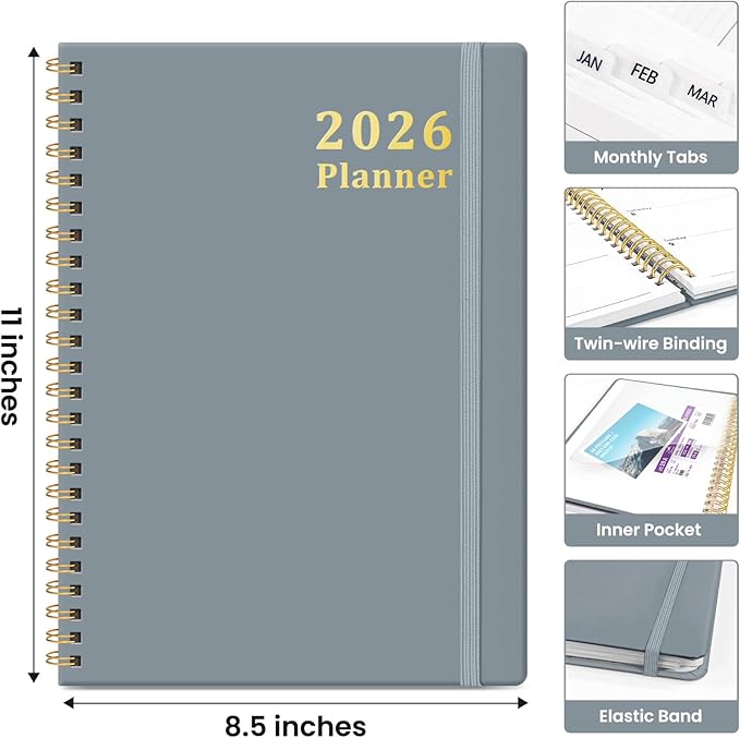 2026 Planner, Weekly and Monthly Calendar Planner, January 2026 - December 2026, Hardcover 2026 Calendar Planner Book with Tabs For Women & Men, Inner Pocket, Spiral Bound, Perfect for Office Home School Supplies - A4 (8.5" x 11"), Stone Gray