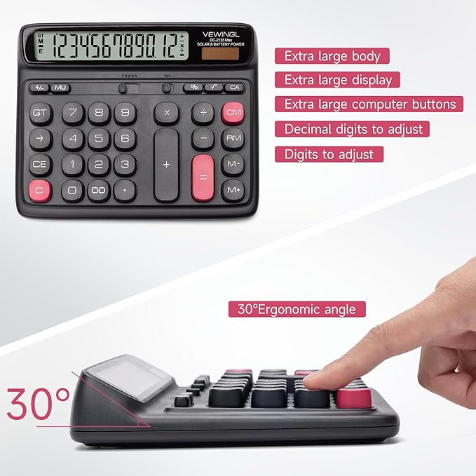 VEWINGL Desktop Calculator, 12-Digit Large LCD Display, Big Computer-Style Keys, Dual Power (Solar & Battery), Auto Sleep Mode, for Office, School, Home & Business 7.5″ x 6.1″ (Black, L)