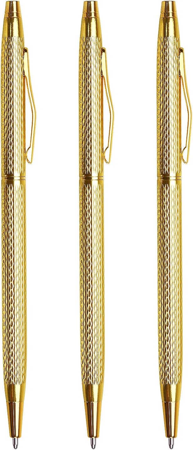 3 Pack Slim Metallic Retractable Ballpoint Pens Black Ink, Nice Gift for Business Office Students Teachers Wedding Christmas (Gold)