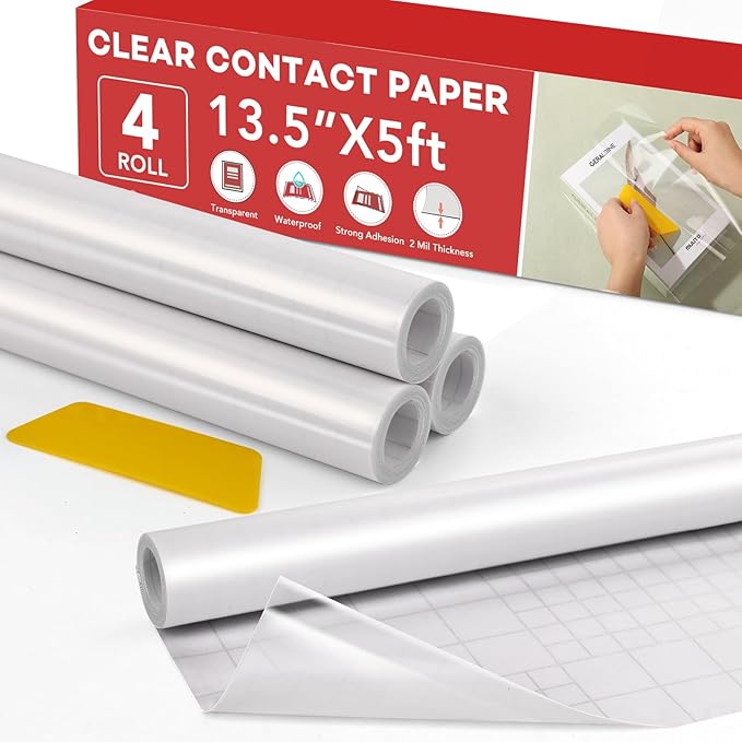 4 Rolls Clear Contact Paper, Plastic Book Covers 13.5 in x 5 ft, Contact Paper Peel and Stick, Clear Self Adhesive Protective Liner Papers Protector for Crafts Paperback Textbook Hard Covers Documents