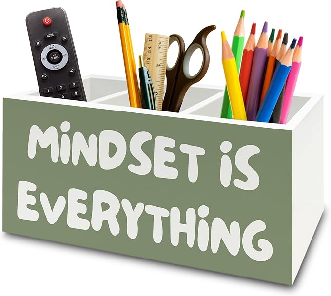 Green Inspirational Pen Pencil Holder Organizer for Desk, Inspirational Gifts for Women, Mindset Is Everything Motivational Wooden Box Sign for Home Office Desk Tabletop Decorations