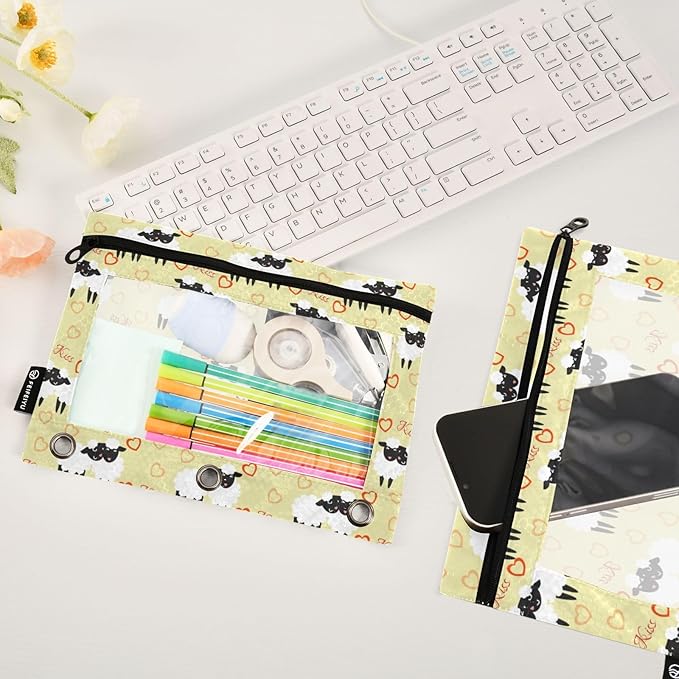 ZAZYXTJ Cute Sheep Binder Pencil Pouchs 3 Ring with Zipper Clear Window Office Organizers bag for School Students Teacher Supplies 2 Pack