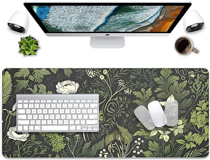 Sage Green Floral and Plant Desk Pad Mouse Pad,Large Gaming Mouse Mat with Stitched Edges,Non-Slip Waterproof Rubber Base Mous Mat for Office Computer Keyboard Laptop Home(27.5X11.8 in)
