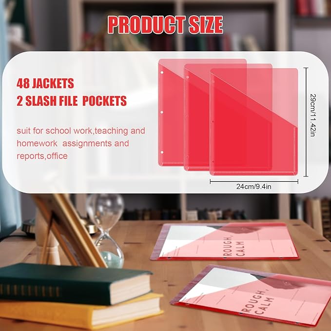 Seajan 48 Pcs Pocket Folders for 3 Ring Binder Clear Plastic Folders Sleeves with 2 Pockets 3 Hole Punch Binder Dividers Poly Slash File Jackets for Office School Document Organizer (Red)