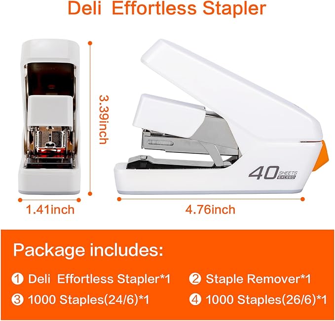 Deli Stapler, Effortless Staplers for Desk, 40 Sheet Capacity Heavy Duty, One Touch, No Effort, Easy to Load, with 2000 Staples & Staple Remover, Good for Office, Home Use, White
