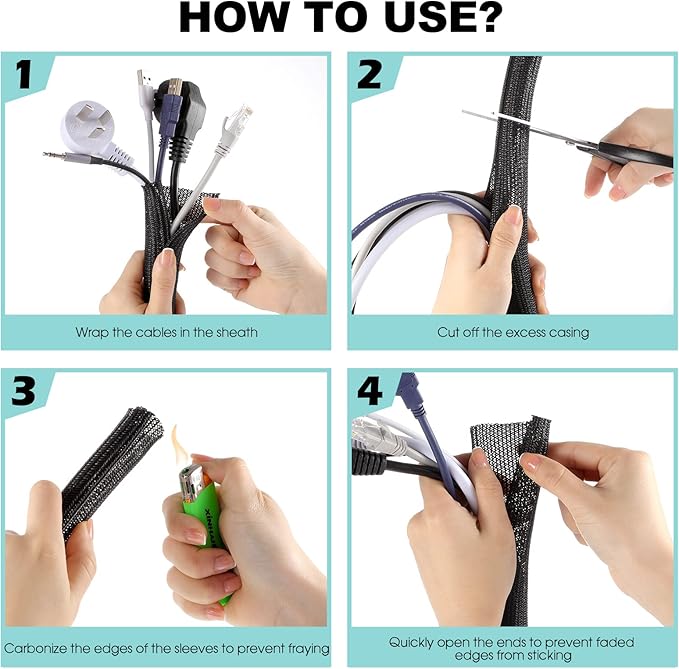 AGPTEK Cable Sleeve Cover, 2 Pack 5ft - 1.2 inch Desk Cord Organizer Cable Hider, Home Office Wire Management Computer TV Wire Loom Tubing, Pet Proof Cord Protector, from Cat Dog Chewing, Black