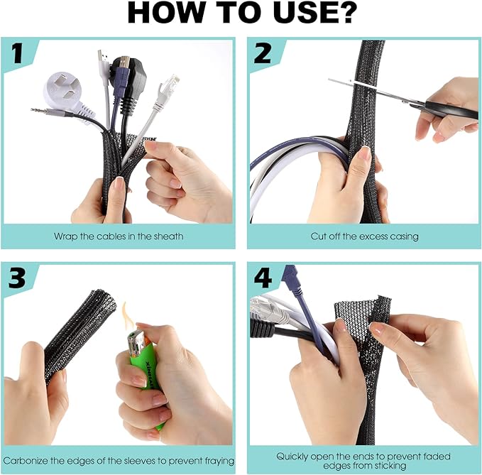 AGPTEK Cable Sleeve Cover, 20ft - 1 inch Desk Cord Organizer Cable Hider, Home Office Wire Management Computer TV Wire Loom Tubing, Pet Proof Cord Protector, from Cat Dog Chewing, Black