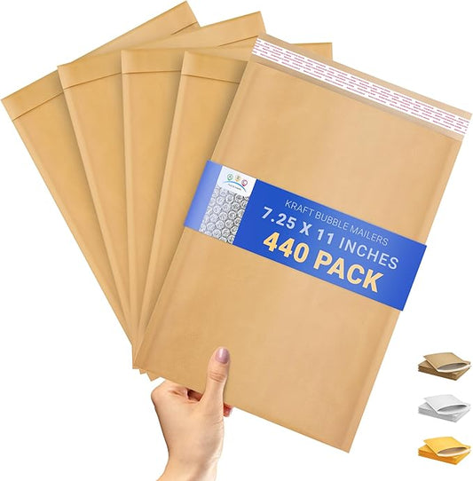 ABC PACK & SUPPLY Brown Kraft Bubble Mailer Envelopes, 7.25 x 11 Inches. 440 Pack Mail Padded Envelopes Self Seal. Kraft Bubble Mailers. Tear-Resistant Mailing Envelope Padded. Sturdy Paper Mailer