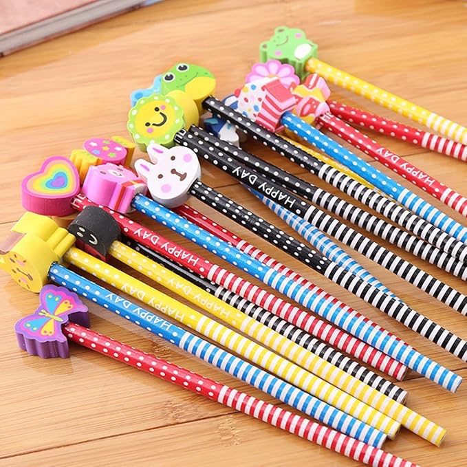 Yansanido Pack of 10 Colorful 7.28 Inch Length Random Cartoon Eraser Pencils, Cute Pencils for Office, School Supplies Students Children Gift (10)