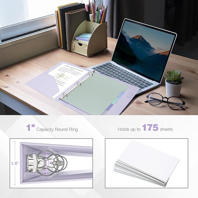 Ospelelf 3 Ring Binder 1 Inch Vintage Hardcover, Leather Organizer for Letter Size, Professional Clipboard with Dividers and Tabs, Purple