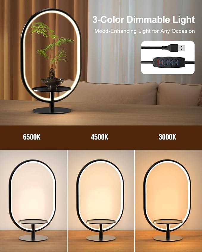 Modern LED Table Lamp with Storage Tray, Bedside Lamp with 3 Color Temperatures 10-Level Dimmable for Video Conference/Makeup/Streaming/Plants, LED Desk Lamp for Living Room Bedroom Office Decor