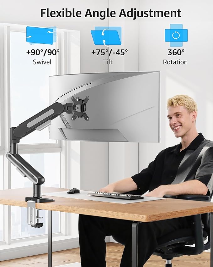 MOUNTUP Single Monitor Desk Mount for 4.4-26.5lbs, Heavy Duty Monitor Arm for 39 37 34 32 27inch, Full-Motion Monitors Stand, Height Adjustable Gas Spring Monitors Arm with C-Clamp＆Grommet Base
