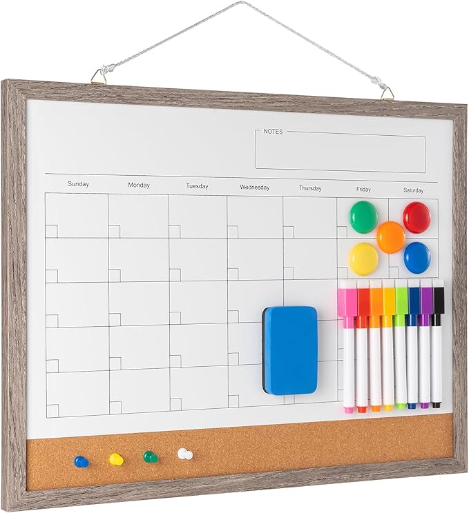 Dry Erase Calendar Whiteboard, 17" x 13" Magnetic Whiteboard Cork Board Combo, Reusable Monthly Planner with 8 Markers, Eraser, Magnets and Push Pins to Hang Dry Erase Board for Home, School - Gray