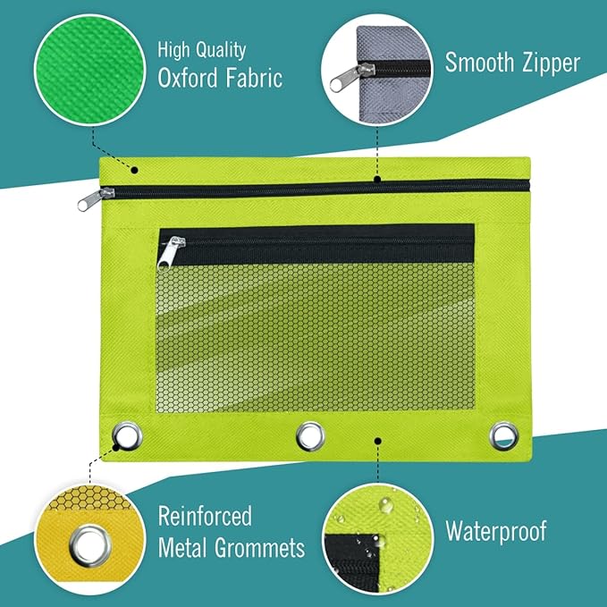 EXTRIC 3 Ring Binder Pencil Pouch with Clear Window, 12 Pack Pencil bags, 4 Color set, Durable Zippered Pouch with 2 Pockets for School Supplies